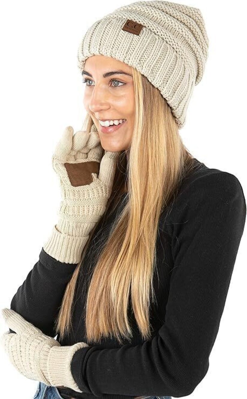 2790 Matching 2 Pack: Oversized Beanie and Lined Glove Set - Beige